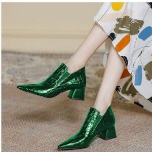 YDN Green Sexy Pointed Toe Ankle Boots Chunky Low Heel Pull on Elastic Shoe
